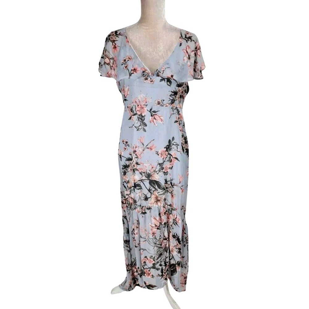 Ark nc Women Sz L Floral Gray Maxi Dress Hight Low Hem Flare Sleeve V-Neck 160P